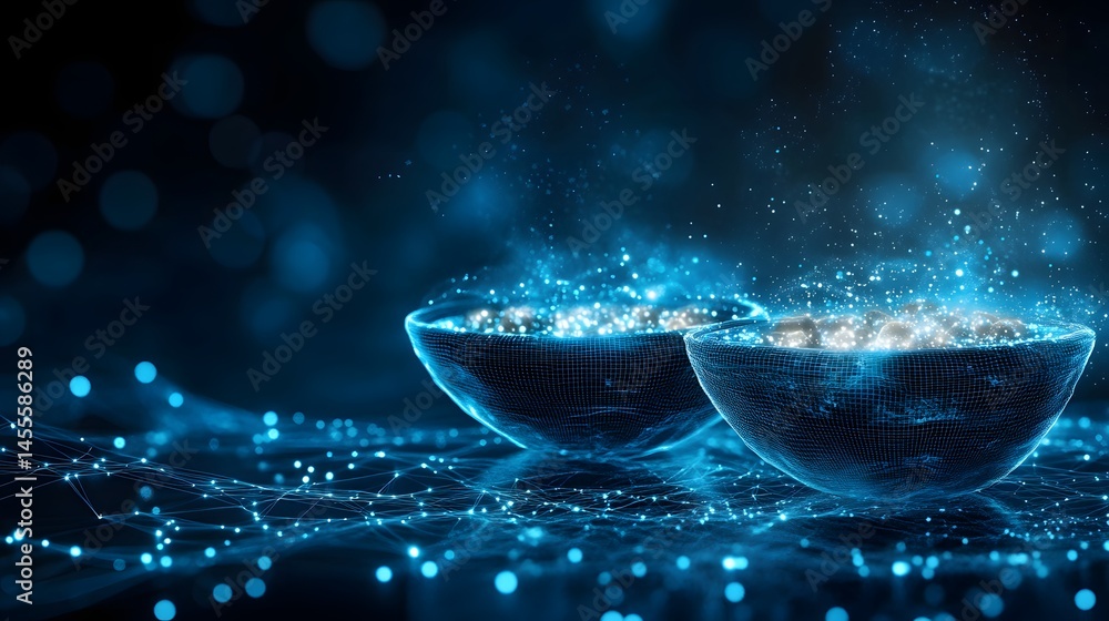 Poster futuristic bowls brimming with radiant spheres, enveloped in a network of blue light. abstract digit