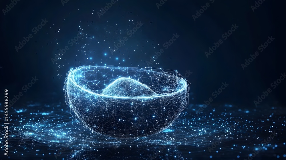 Fototapete futuristic digital bowl illuminated in blue, showcasing interconnected lines and a mesh structure, u