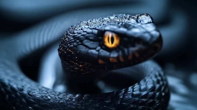 A coiled dark snake with intense yellow eyes, scales reflecting light in a mesmerizing, ominous composition.