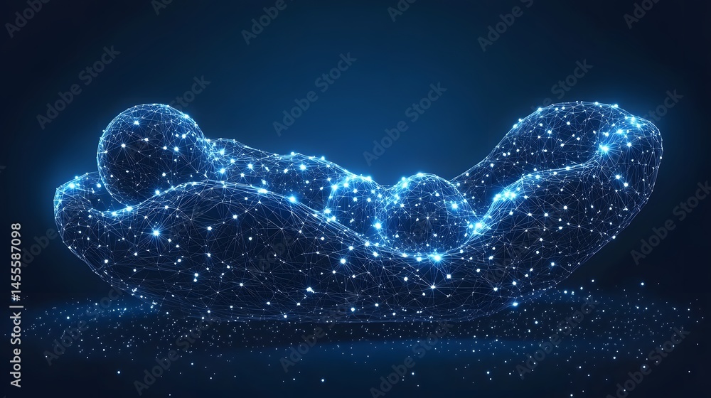 Poster Digital strength and connection visualized. Flexing arms abstractly rendered with glowing nodes and lines. Evokes power and technology. Abstract Digital low-poly wireframe connected dots in dark blue