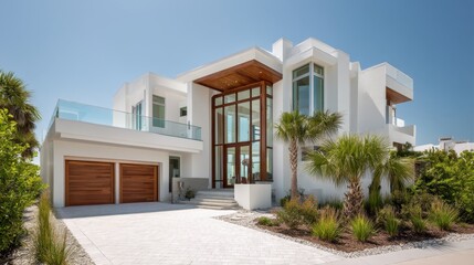Modern Coastal Home Exterior with White Facade and Wood Accents under Clear Blue Sky