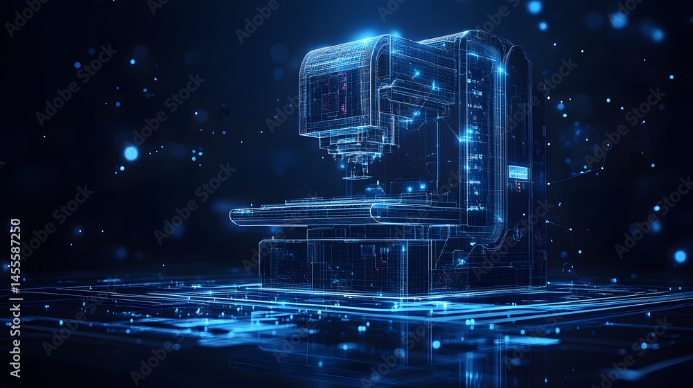 Leinwandbilder futuristic cnc milling machine depicted in glowing blue wireframe, reflected on a watery surface. te
