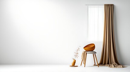 Minimalist room with a window, chair, decor and gold drapes
