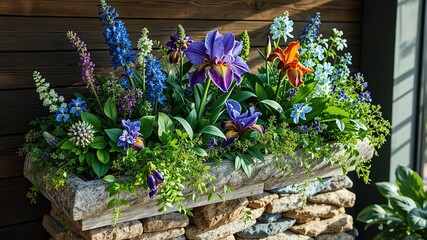 Obraz premium Emerald Lagerstroemia and Teal Irises on Stone Planter