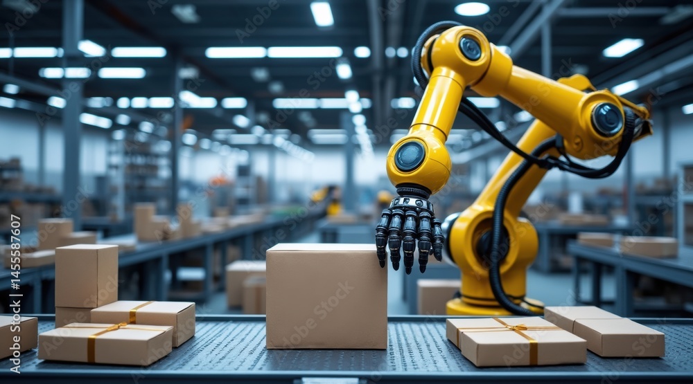 Poster a robotic arm sorts and moves cardboard boxes in a modern automated warehouse or factory setting.