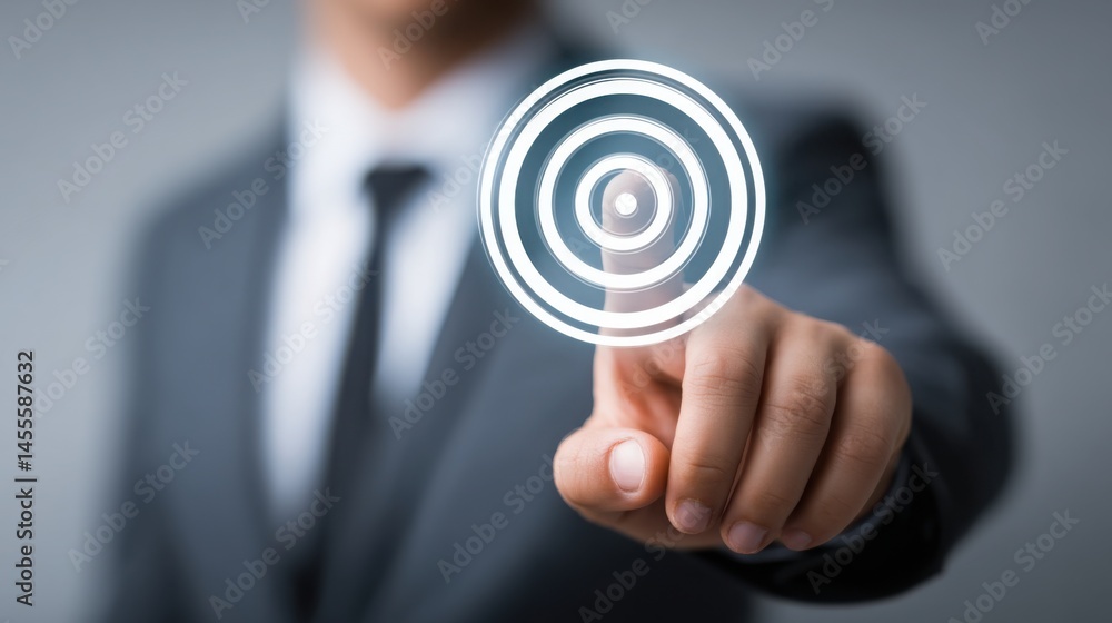 Aufkleber businessman in formal attire pointing at a button featuring a white arrow signifying direction and e