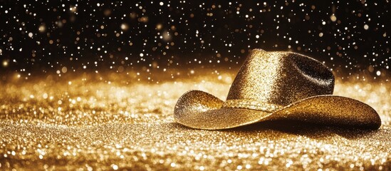 Glittery gold cowboy hat on a bed of shimmering gold glitter