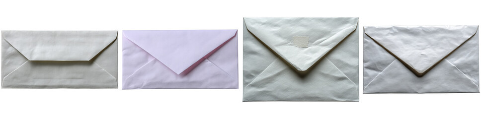Collection of different styles and sizes of white envelopes isolated on a transparent background, ideal for graphic design projects or digital presentations