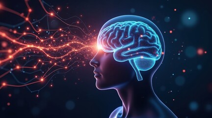 A glowing human brain with digital neural connections, illustrating the concept of artificial intelligence and mind-technology interaction.