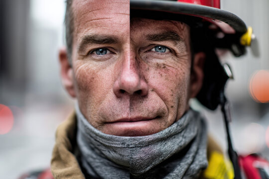 Close-up of a firefighter with one half in uniform and the other in casual wear, symbolizing dual roles, gritty urban background
