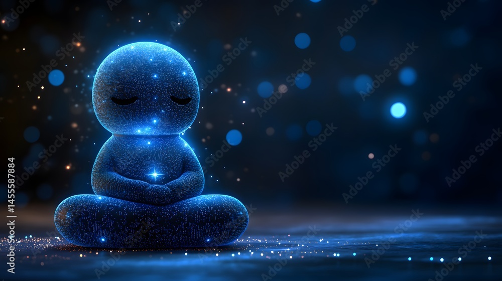 Aufkleber A glowing, ethereal figure meditates, radiating tranquility. Digital light and a dark bokeh background create a serene, mystical atmosphere. Abstract Digital low-poly wireframe connected