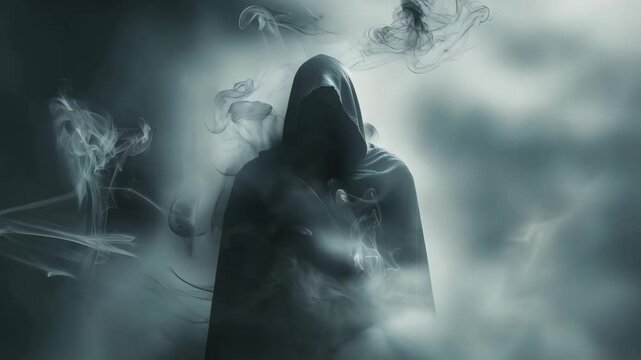 Mystery man wears a cloak with black and white smoke in a sinister feel