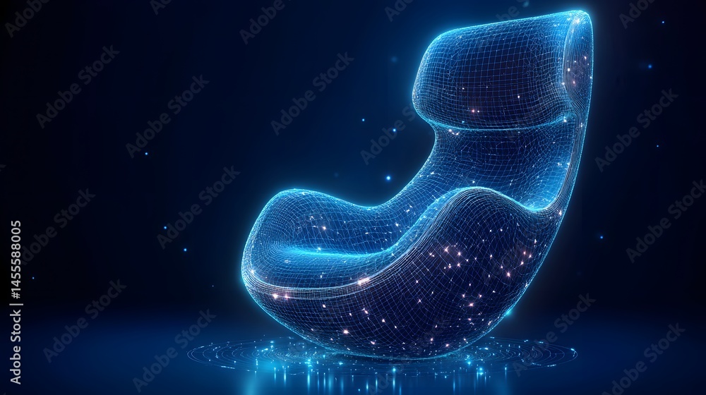 Aufkleber futuristic blue wireframe chair hovers above a reflective surface, radiating light. an ergonomic des