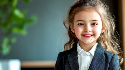 Smiling business little girl concept in suit in the home office dream occupation for children
