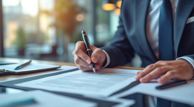 A professional in a suit signs important documents at a desk in a well-lit office setting.