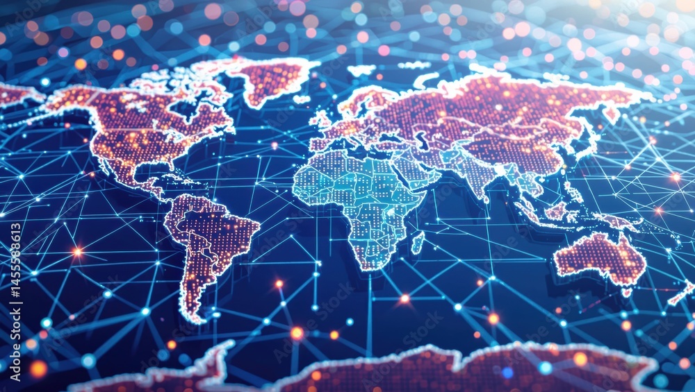 Poster a digital world map with glowing network lines connecting global locations, symbolizing worldwide co