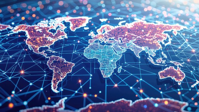 A digital world map with glowing network lines connecting global locations, symbolizing worldwide connectivity and technology. - Powered by Adobe