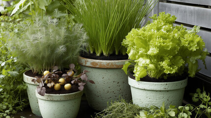 Assorted Potted Plants in Outdoor Garden