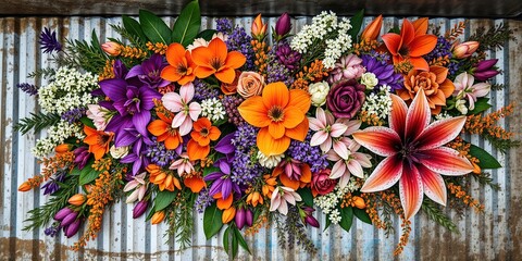 Rustic Garden Art:  Purple, Orange, Pink Flowers on Tin