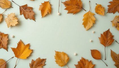 Autumn Leaves on Green Background