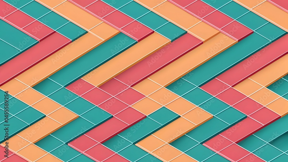 Poster geometric pattern with orange pink and teal rectangles arranged in a diagonal grid formation view