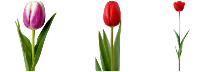 Three isolated tulips display rich colors, showcasing a pink and white flower along with a deep red bloom, all surrounded by fresh green leaves