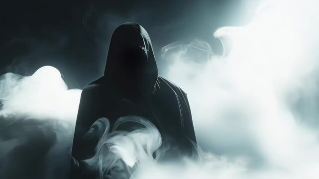 Mystery man wears a cloak in black and white smoke in a sinister feel