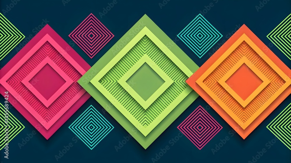 Aufkleber colorful layered diamond shapes with line patterns on a dark blue background design element art