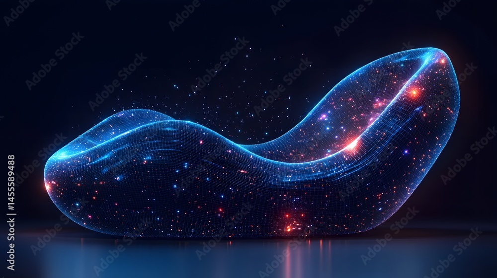 Fototapete Futuristic, abstract wave of glowing blue grid with scattered red and blue dots. Curvilinear form against a dark backdrop. Abstract Digital low-poly wireframe connected dots in dark blue.