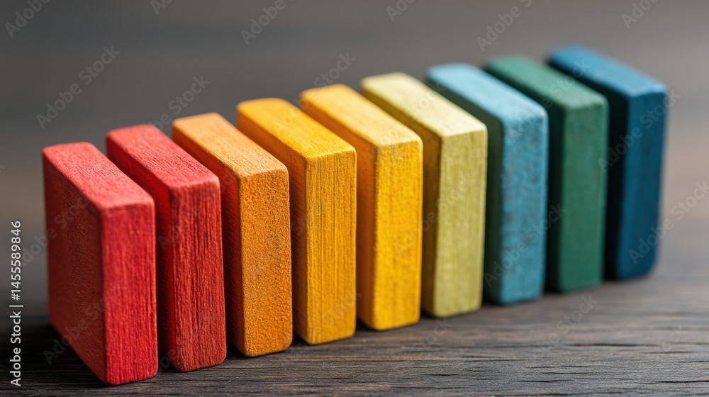 Poster a row of colored wooden blocks representing a financial health scoring matrix for calm and structure