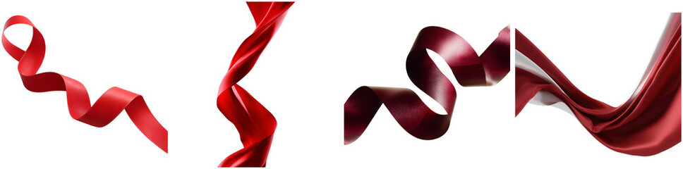 Multiple isolated red ribbons display diverse forms, emphasizing their rich color and smooth texture, ideal for embellishments in festive or creative settings