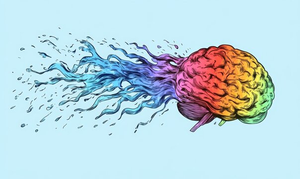 Colorful brain exploding with liquid,  flowing outwards