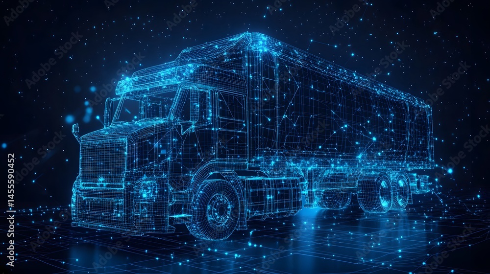 Poster A luminous blue wireframe truck and trailer model, set in a virtual environment. The grid-like structure and glowing dots create a digital, modern feel. Abstract Digital low-poly wireframe connected