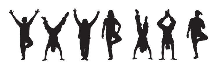 Vector set of children dancing street dance silhouettes including hip hop, break dance, jazz funk, and freestyle moves 
