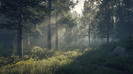 Obraz premium Dense pine forest with light rays filtering through morning mist, hyper-realistic tree textures