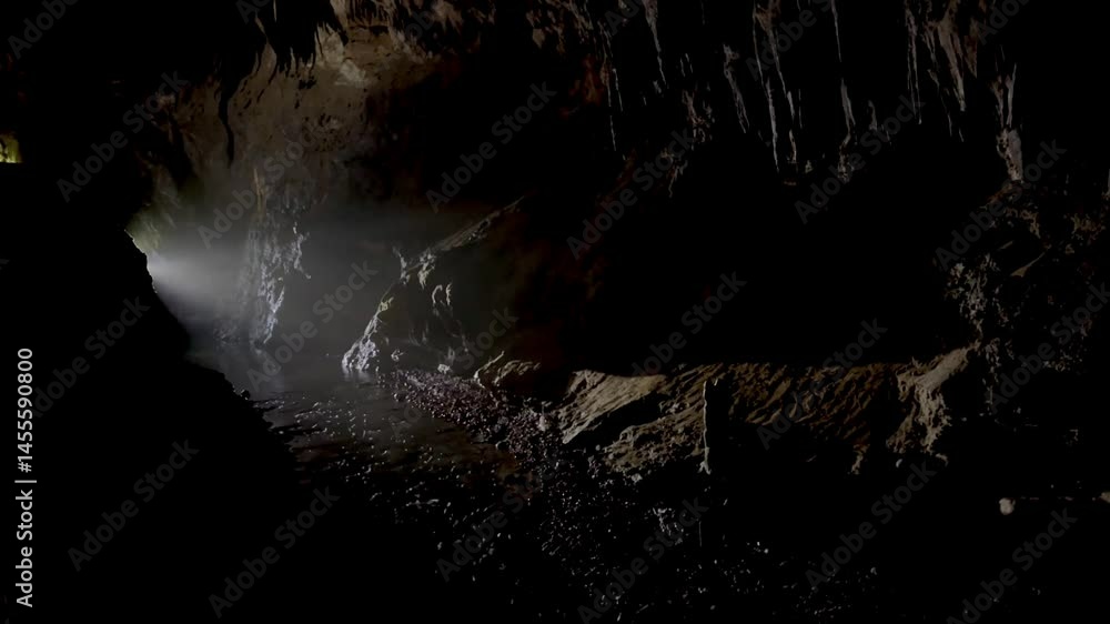 Poster Discover the hidden wonders of a cave filled with intricate rock formations and a gentle waterway. Soft light illuminates the shadows, creating an enchanting atmosphere for exploration