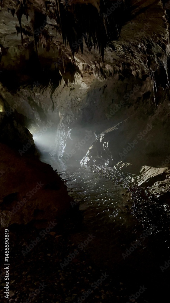 Poster a tranquil underground cave features dim lighting and a gently flowing stream. glimmers of light ref