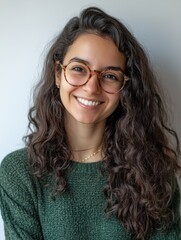 Obraz premium Portrait of a smiling young woman with curly brown hair wearing glasses and a green sweater