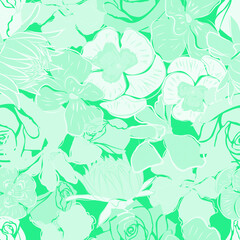 Floral summer exotic texture pattern seamless turquoise green. Light green wallpaper vector, colorful abstract floral texture with tropical flowers in doodle style.
