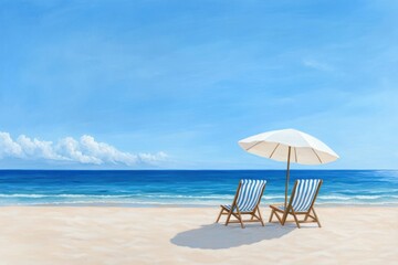 Fototapeta premium Beach with umbrella and chairs on a sunny day