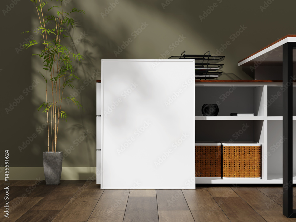 Poster elegant white frame mockup on wooden floor with subtle shadows, ideal for displaying designs or artw