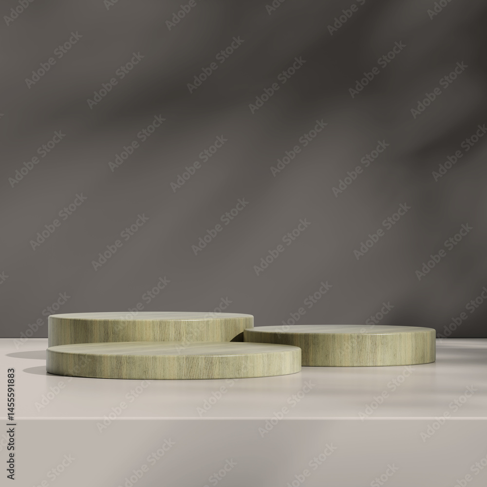 Poster three wooden podiums set in a triangular arrangement with a subtle gray background.