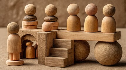 Group of wooden people symbolizing future trade network rebuilding platforms and global collaboration concept