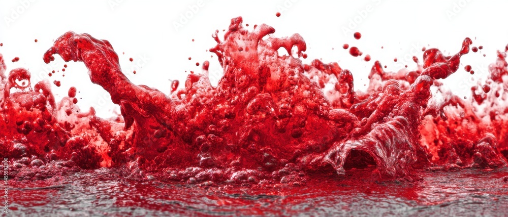 Poster intense red liquid splash frozen in time against a clean white backdrop capturing dynamic movement