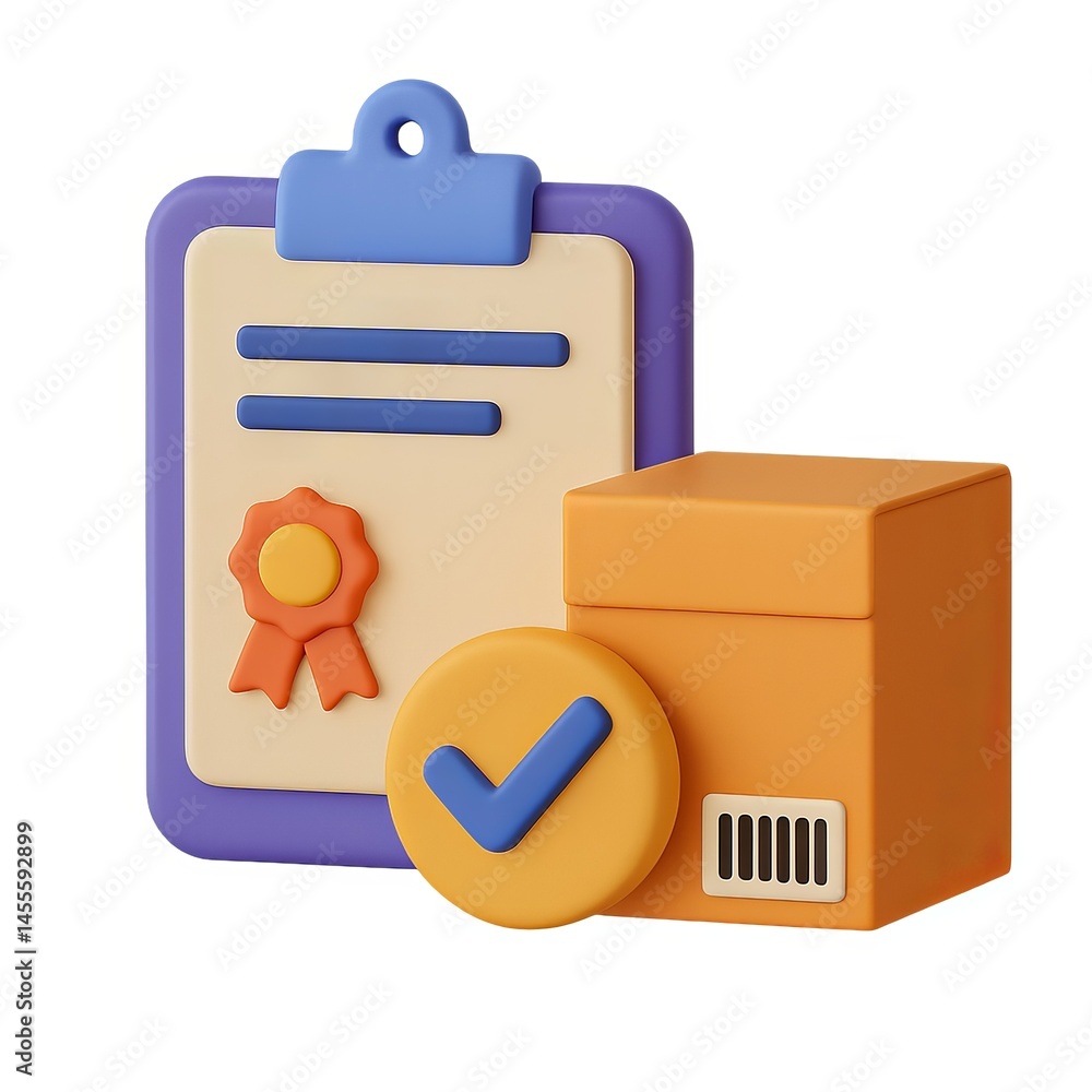 Poster simple product certification process with box and badge icon