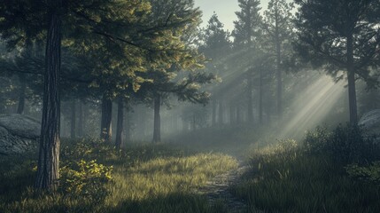 Naklejka premium Dense pine forest with light rays filtering through morning mist, hyper-realistic tree textures