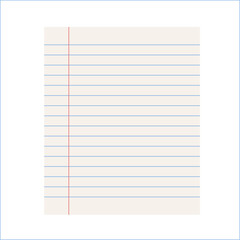 White grid worksheet. Empty paper sheet with Blue stripes. Exercise book. Simple Lined paper. Notebook paper background on transparent background. Vector Illustration