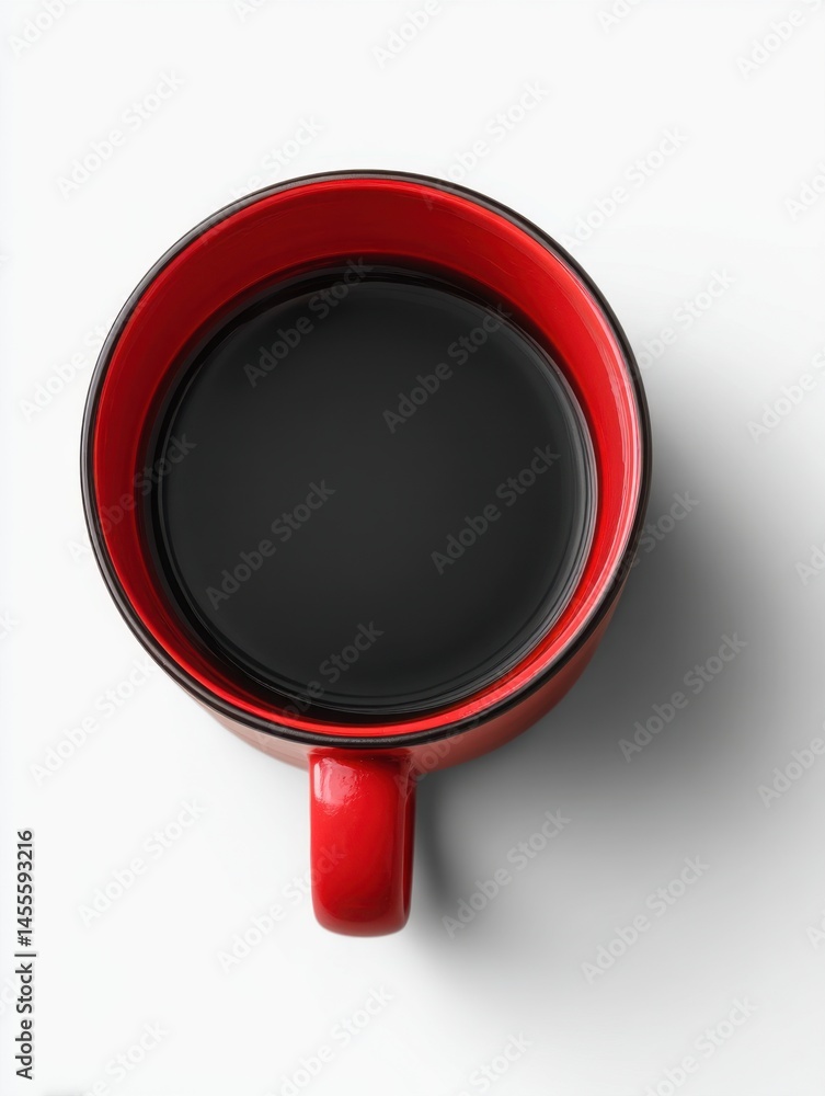 Poster overhead shot of a red mug filled with dark coffee on a clean white surface creating a simple scene