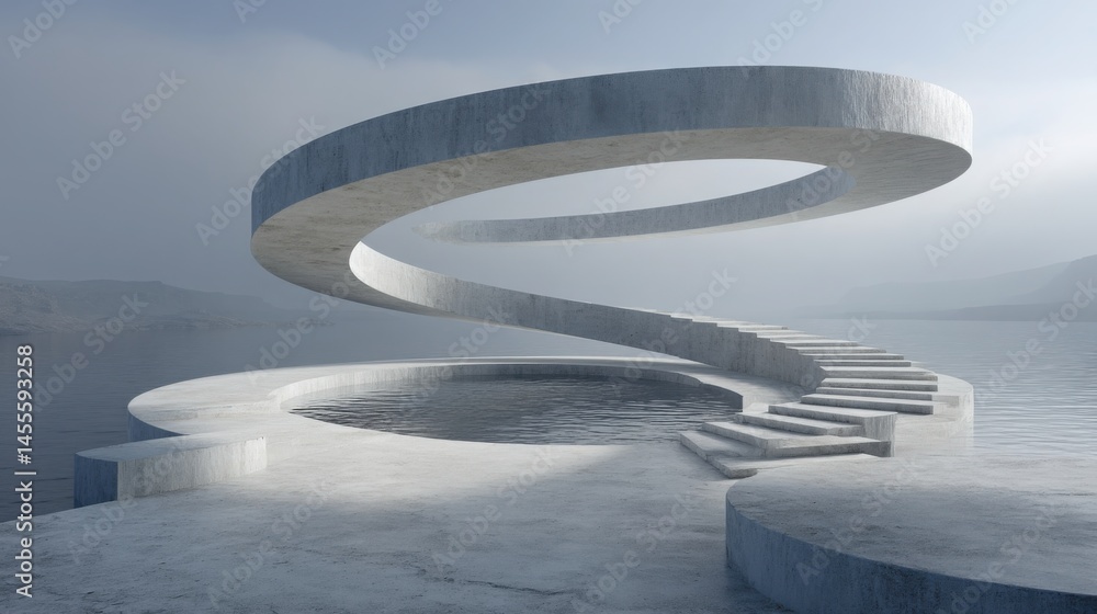 Poster a spiral staircase in water representing futuristic architectural concepts and innovative building s