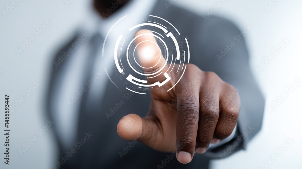 Poster professional man pointing at a circle of arrows representing a futuristic investor interface concept